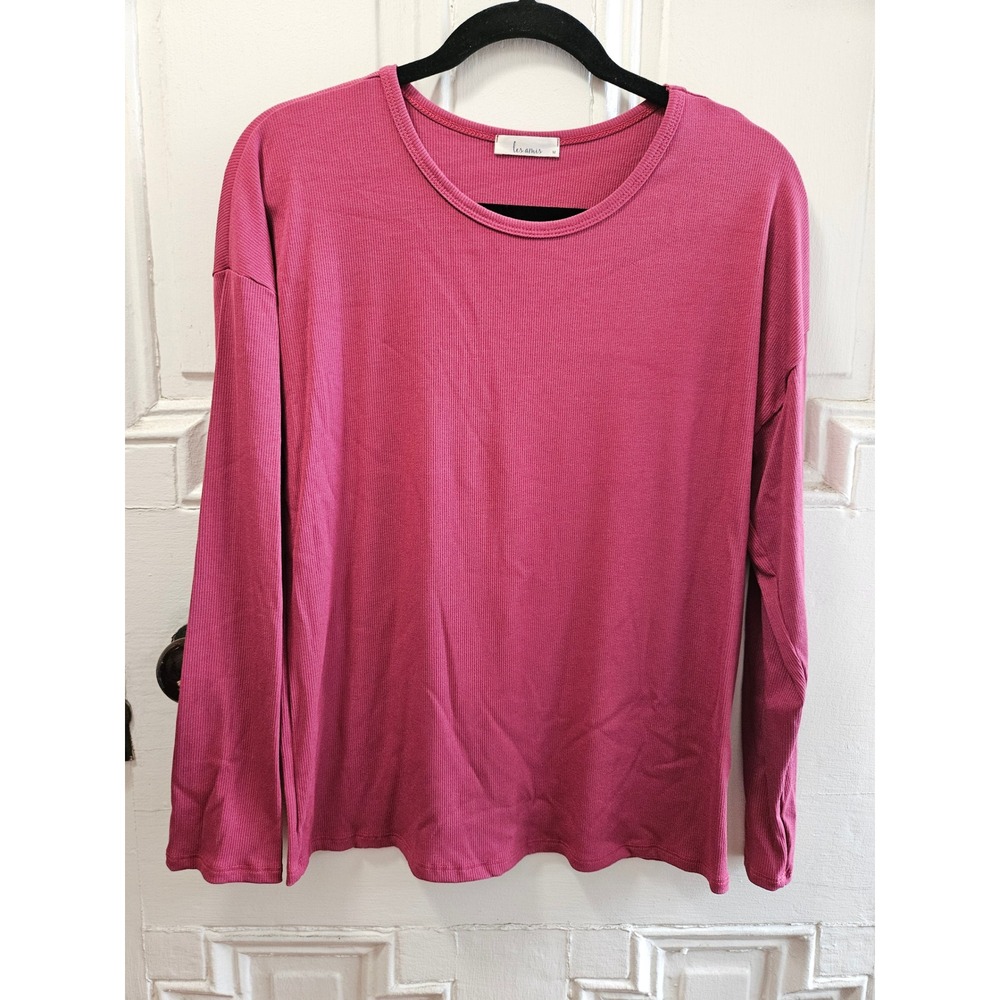 Les Amis Womens Ribbed Long Sleeve Crew Neck Top Berry Pink T1571-L Medium